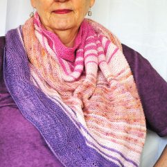 zephyrette shawl in purples, melon and pinks