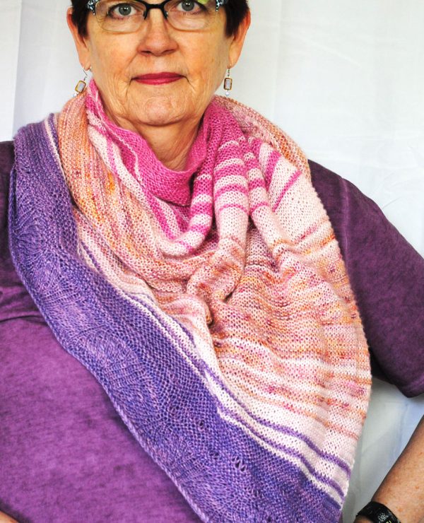 zephyrette shawl in purples, melon and pinks