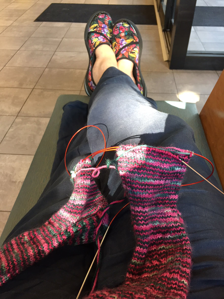 Knitting socks in public