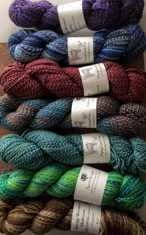 5 wool marled yarn skeins selected for nightshift shawl