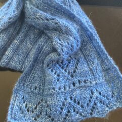 blue shawl with lace and cables