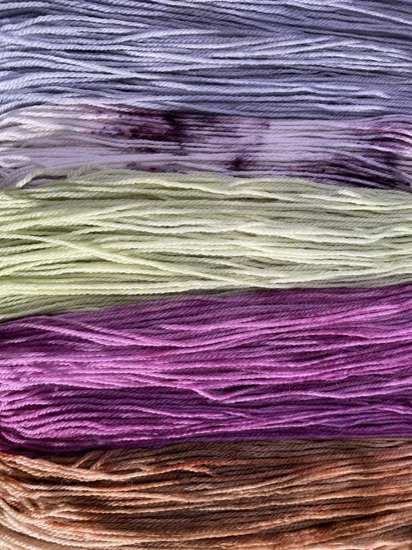 mini skein set in purple, tan, grey and green