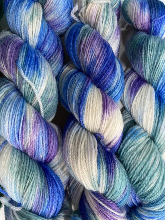 skeins with blue, teal and purple