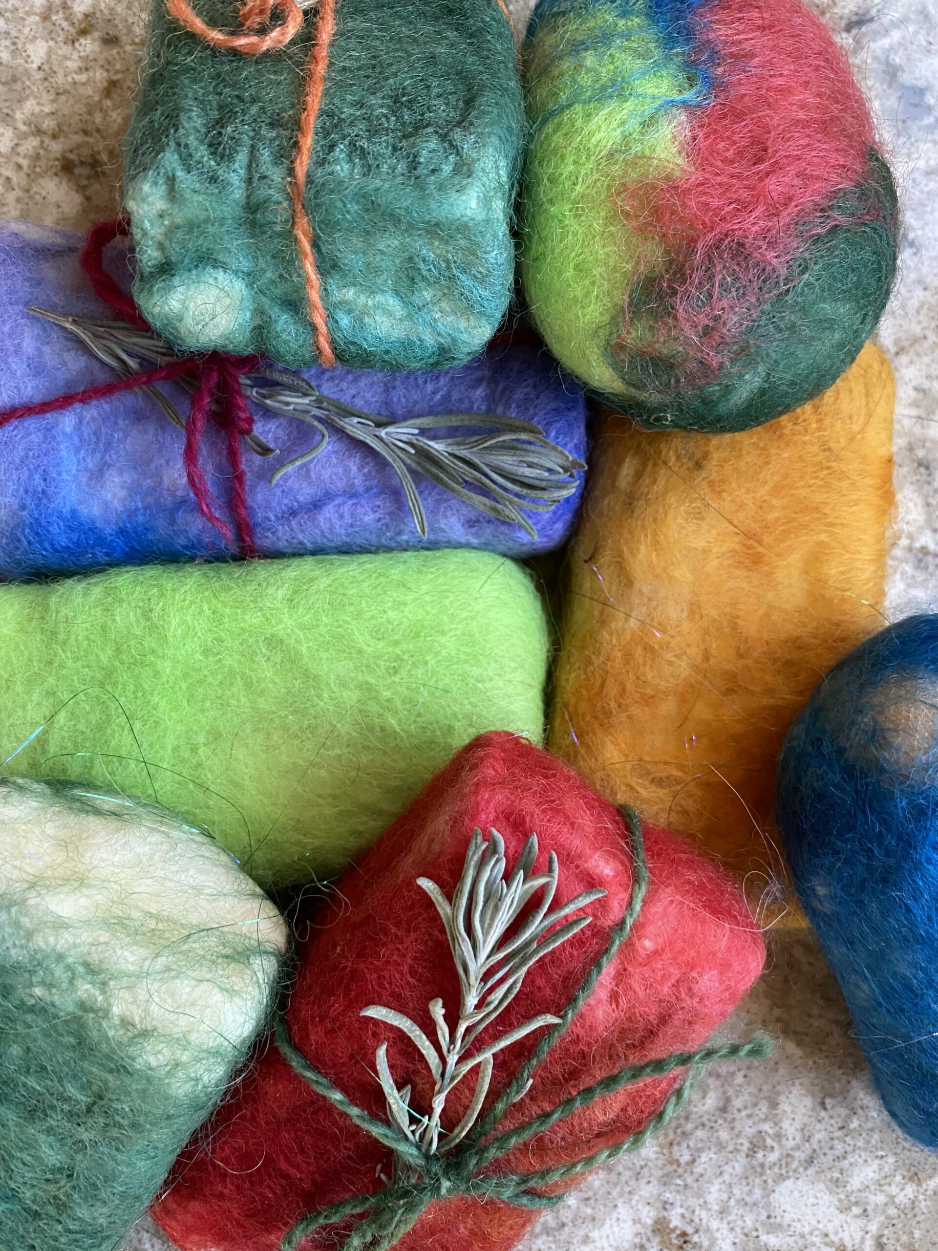 multicolored felted soaps