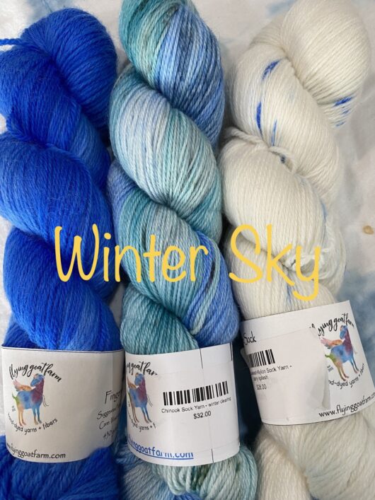 3 skeins in white, blue and teal