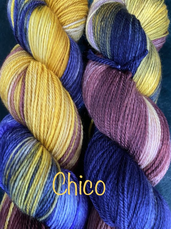 variegated yarn in wine, yellow and navy